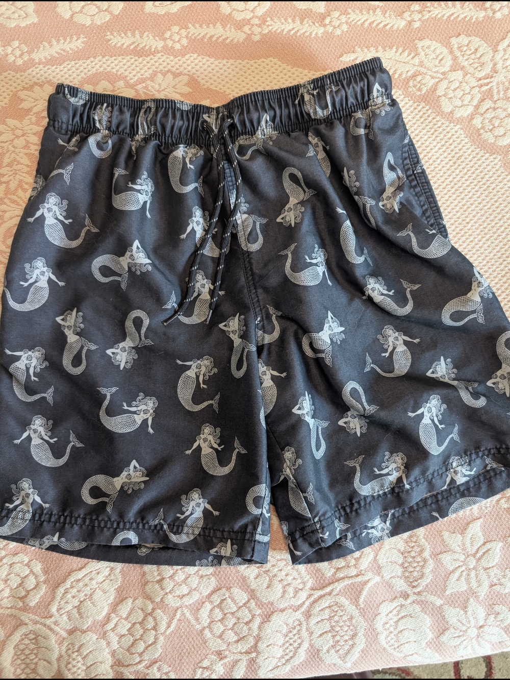 Men's Black Swim Shorts with Light Gray Mermaid Print